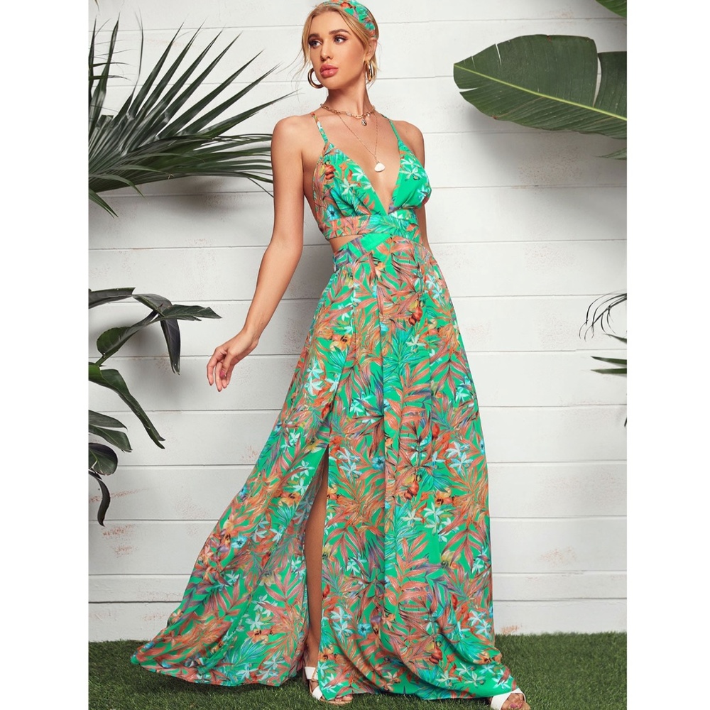 Tropical Print Maxi Dress Green Cut Out Open Back